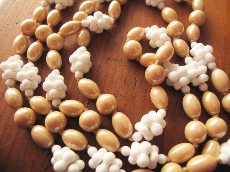 Beige White Vintage Glass Bead Necklace Rare and Unusual Long Glass Rope 47in 120cm Hand Knotted Necklaces