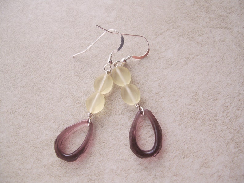 Fancy drop earrings Unique artisan made earrings Sterling silver drop earrings with purple pressed glass hoops Unusual earrings