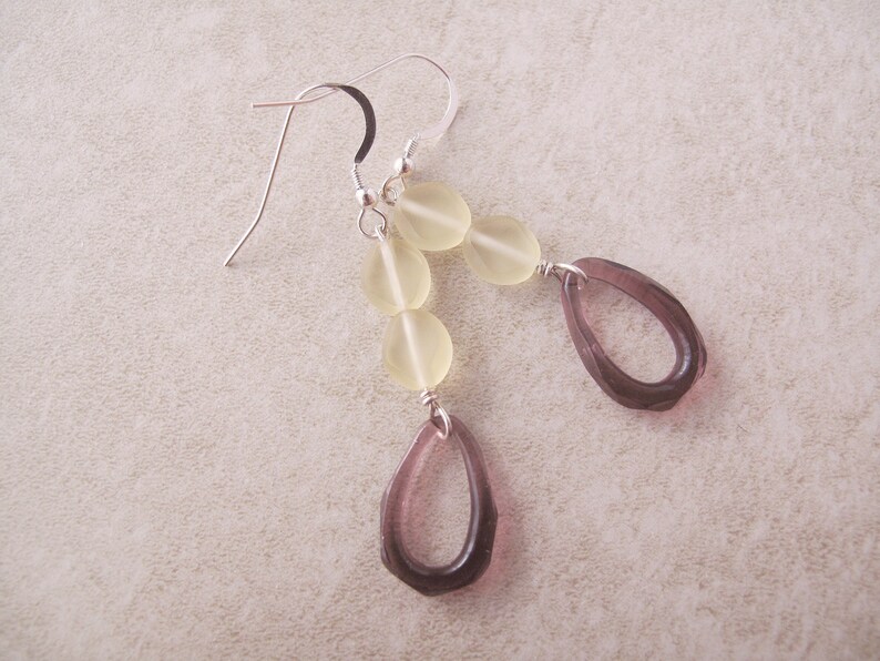 Fancy drop earrings Unique artisan made earrings Sterling silver drop earrings with purple pressed glass hoops Unusual earrings