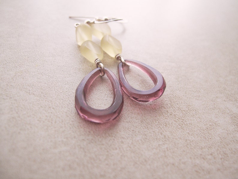 Fancy drop earrings Unique artisan made earrings Sterling silver drop earrings with purple pressed glass hoops Unusual earrings