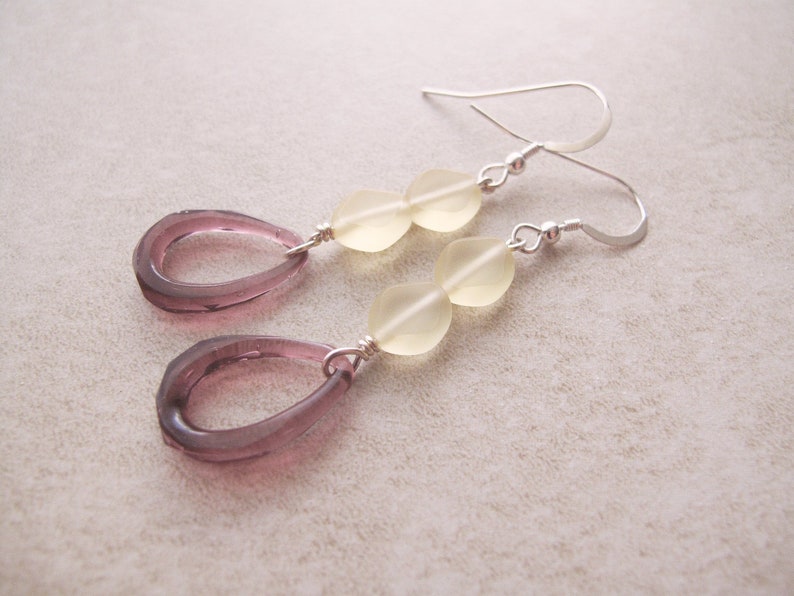 Fancy drop earrings Unique artisan made earrings Sterling silver drop earrings with purple pressed glass hoops Unusual earrings