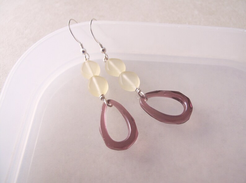 Fancy drop earrings Unique artisan made earrings Sterling silver drop earrings with purple pressed glass hoops Unusual earrings