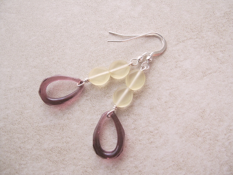 Fancy drop earrings Unique artisan made earrings Sterling silver drop earrings with purple pressed glass hoops Unusual earrings
