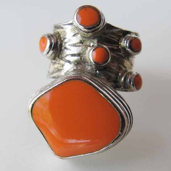 Brilliant Orange & Oxidized Silver Bold Abstract costume Ring