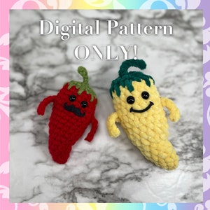 May include: A digital pattern for crocheting two amigurumi pepper characters. One pepper is red with a black mustache and the other is yellow with a green top.