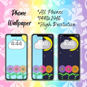 May include: Three phone screen mockups with different backgrounds. The first phone screen has a blue background with a white cloud and sun, the second phone screen has a blue and black background with a white cloud and yellow crescent moon, and the third phone screen has a black background with a white cloud and yellow crescent moon. All three phone screens have a white clock with the time 4:44, 4:45, and 4:45 respectively. All three phone screens have a row of four flowers at the bottom of the screen. The flowers are purple, pink, yellow, and orange.