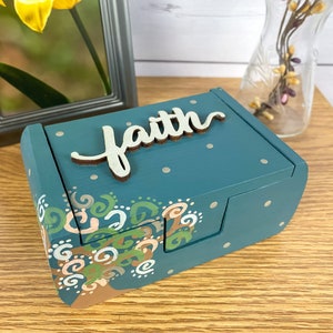 God Box/Prayer Box - wooden die cut "Faith" on teal-blue box with whimsical swirly tree design