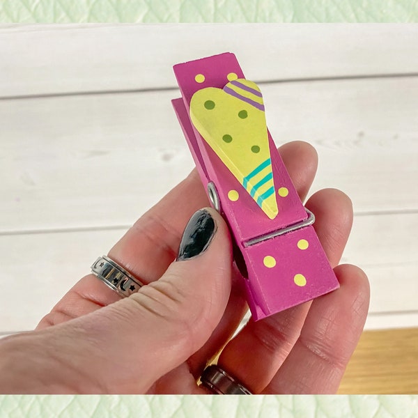 Wooden Clothespin Magnet - dark pink magnet with pink striped elongated heart - hand-painted magnet for holding photos, pens