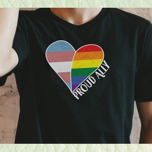 Proud Ally Rainbow Heart Tee | Heart with Pride flag and Trans flag showing LGBTQ+ support in 6 color choices