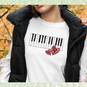 Scribbled Piano Keys and Hearts Long Sleeve Tee | Music Lover, Keyboard Player, Musician Shirt in black or white