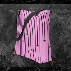 Spider Stripes Tote bag in bright colors | Halloween goth tote | Brightly colored tote with spiders on strings | 7 color options