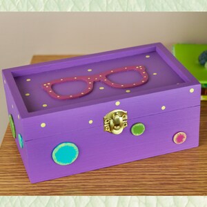 Hand-Painted Eyeglass Storage Box | Bright purple polka dot wooden storage box for glasses | Spec stash box for eyeglasses
