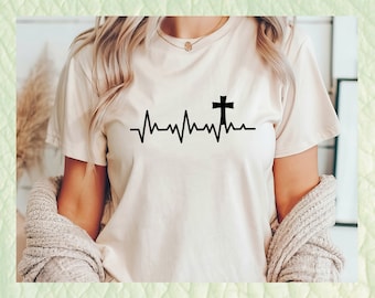 Cross Heartbeat Tee | Religious Shirt | Christian Fashion | Spiritual Wear | Easter Shirt | Heartbeat pattern with cross