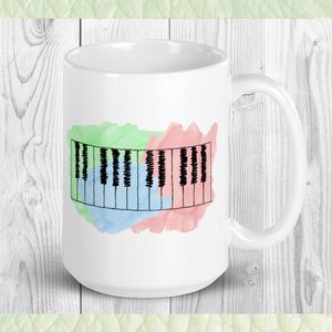 Scribbled Piano Keys Mug with Pastel Watercolor Background | Gift for keyboard player, musician, music lover, teacher | 11 oz or 15 oz