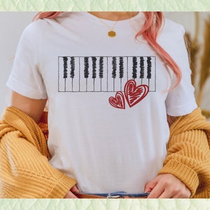 Scribbled Piano Keys and Hearts Tee | Music Lover, Keyboard Player, Musician Shirt in black, white or athletic heather