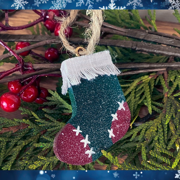 Rustic Wooden Stocking Ornament | Small hand-painted wooden ornament with fabric trim