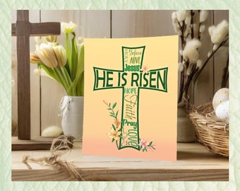 He Is Risen Easter Word Art Printable Wall Decor | Green cross with lilies | Printable Easter art for shelf or wall | Easter cross printable