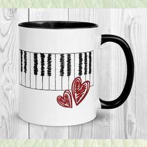 Scribbled Piano Keys mug with hearts | Keyboard player, musician, music lover mug with black handle and inside