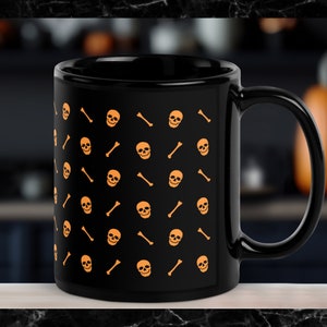 Skulls and Bones Pattern Mug | Black glossy Halloween goth mug | 7 colors | 11 oz or 15 oz