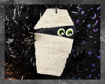 Coffin-Shaped Mummy Ornament | Halloween tree ornament | Handpainted mummy wrapped in gauze
