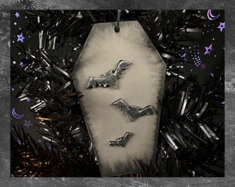 Coffin-Shaped Halloween Tree Ornament | Hand-painted gray and black ornament with silver-black clay bats