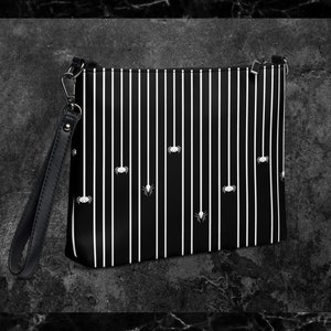 Spider Stripes Crossbody bag | Halloween Goth bag with crossbody and wrist straps | Spiders on strings | Black or white