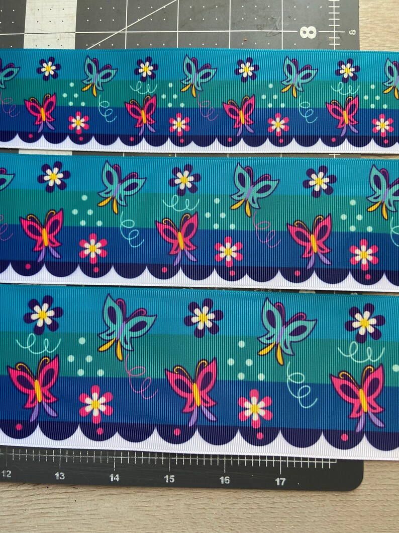 Pu&ograve; includere: Un nastro blu e verde con un bordo bianco a festoni. Il nastro presenta un motivo ripetitivo di farfalle e fiori. Le farfalle sono rosa, gialle e blu. I fiori sono bianchi con centri rosa.