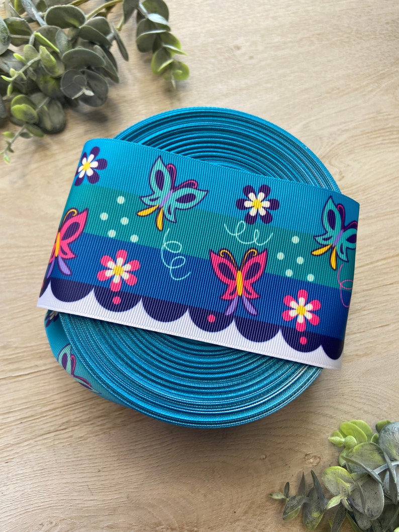 Pu&ograve; includere: Un rotolo di nastro blu turchese con un bordo bianco a festoni. Il nastro presenta un motivo ripetitivo di farfalle e fiori colorati.