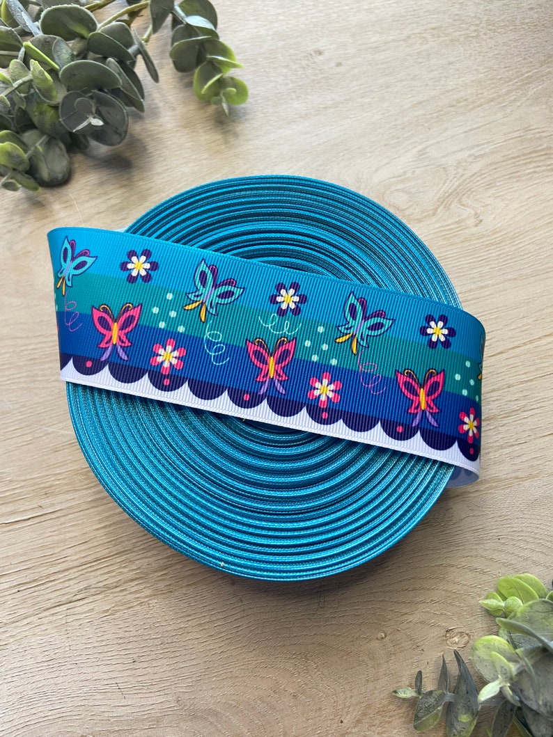 Pu&ograve; includere: Un rotolo di nastro blu turchese con un bordo bianco a festoni. Il nastro presenta un motivo ripetitivo di farfalle colorate e fiori bianchi.