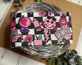 3" Grosgrain Ribbon, Back to School Bus, Apple, Globe Print Hairbow Ribbon