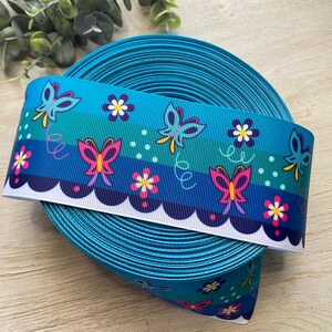 Pu&ograve; includere: Un rotolo di nastro blu con un bordo bianco a festoni. Il nastro presenta un motivo ripetitivo di farfalle, fiori e punti in tonalit&agrave; di rosa, verde e giallo.