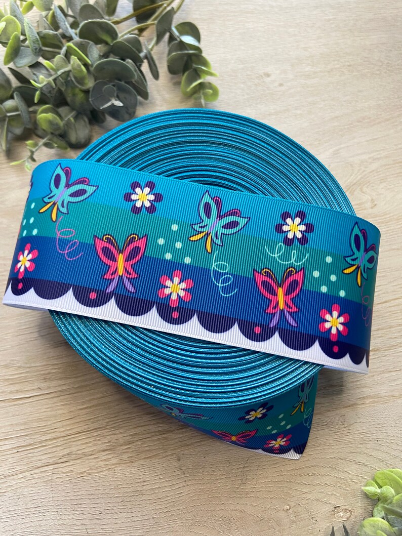 Pu&ograve; includere: Un rotolo di nastro blu con un bordo bianco a festoni. Il nastro presenta un motivo ripetitivo di farfalle, fiori e punti in tonalit&agrave; di rosa, verde e giallo.