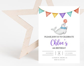 Editable Circus Invitation, Seal Birthday, Modern Circus, Editable Carnival Watercolor Invitation, Carnival Party, Circus, Sea invite, seal