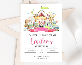 Editable Circus Invitation, Carnival Birthday, Minimalistic Modern Circus, Editable Carnival Watercolor Invitation, Carnival Party, Circus