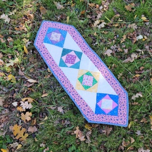 May include: A colourful quilted table runner with a white centre and four square blocks in blue, green, and yellow. The blocks feature floral patterns. The runner is edged with a pink floral fabric and a blue border.