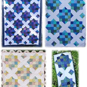 Könnte beinhalten: Vier verschiedene Quilt-Designs mit einer Vielzahl von Farben und Mustern. Die Quilts bestehen aus Quadraten und Rauten. Die Quilts werden auf einem weißen Hintergrund gezeigt.