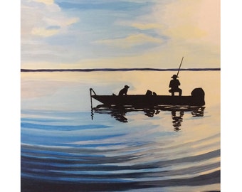 Fisherman and Dog in boat Art Print nautical decor