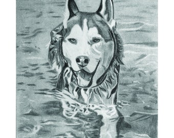 Husky Swimming Black & White Print dog lover wall decor