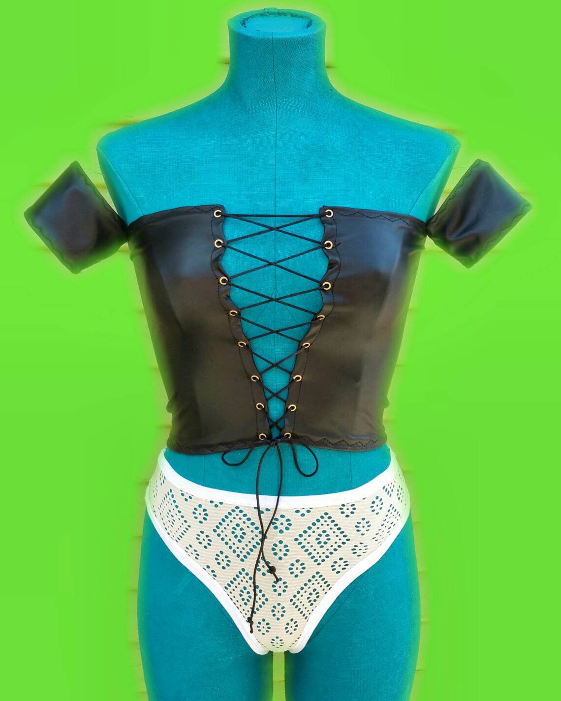 All Black Latex Laceup Top With Sleeves Etsy