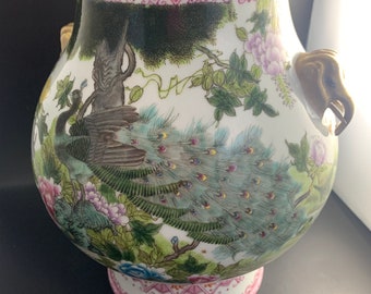 Vintage Chinoiserie Large Ginger Jar Vase with Elephant Head Handles