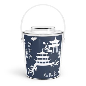 TYD Blue and White Chinoiserie Ginger Jar Themed Acrylic Ice Bucket with Tongs in &quot;Grandmillenial&quot;