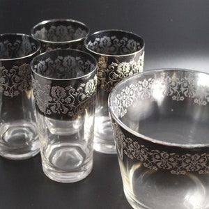 Rare Vintage Mid Century Silver Fade Ombré Etched Bar Glasses Ice Bucket