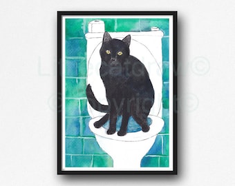Black Cat Toilet Painting Wall Poster Watercolor Art Decor - Etsy
