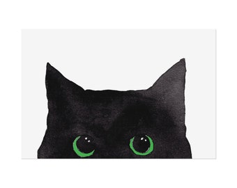 Black Cat with Green Eyes Peeking Print Black Kitten Peekaboo Cat Watercolor Cats Cute Cat Lover Gift Poster Unframed Print