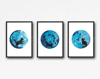 Moon Art Print Set of 3 Moon Watercolor Painting Print Celestial Moons Phases Print Gift Wall Decor Home Decor Luna Art Print Lunar Unframed