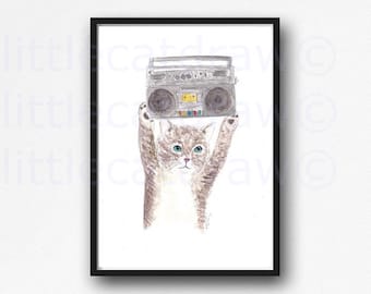 Cat Print Tabby Cat Stereo Boom Box Kitty Cat 1980s Cool Cat Watercolor Painting Print Wall Art Bedroom Wall Decor Cat Lover Gift Unframed
