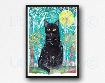 Black Cat in the Wilderness Forest Watercolour Poster Art Print Cat Lover Gift Black Kitty Wall Art Unframed Poster Wall Art Decor Gift