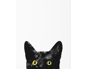 Peeking Black Cat Print Golden Yellow Eyes Print Poster Black Kitty Cat Cute Cat Gift Various Sizes Unframed Print Watercolour Art Print