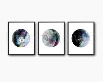 Moon Set Of 3 Prints Watercolor Painting Print Wall Art Print Wall Decor Moon Lover Gift Unframed Poster Large Art