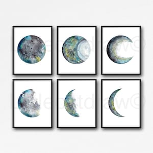 Moon Print Set Of 6 Phases Decor Bedroom Watercolor Painting Print Celestial Print Luna Phases Home Decor Art Prints Moon Gift Wall Unframed image 4